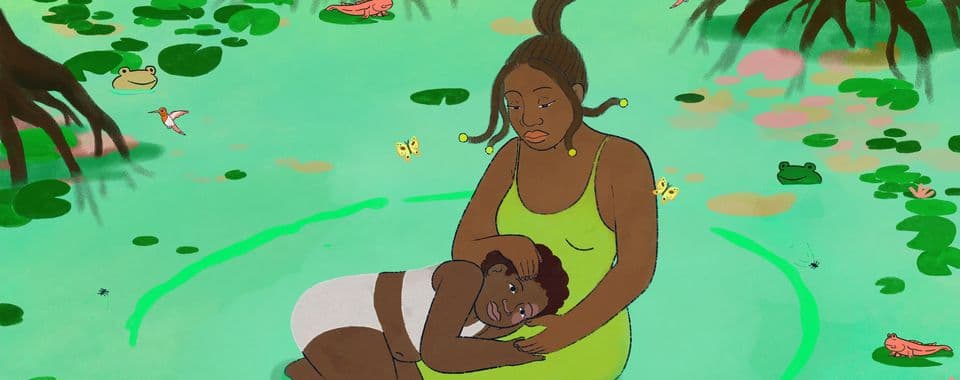An animated film still from Tell Me When You Get Home shows an older Brown woman sitting in a shallow pond with a younger Brown child resting on her lap. The woman is wearing a long green dress and looking down solemnly while the child is wearing a white tank top and shorts and has a pink mark on their left eye. Around the lilypads and tree roots in the pond, butterflies, hummingbirds, and amphibians gather.