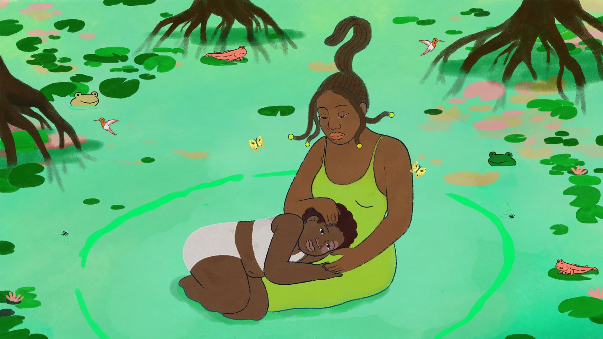 An animated film still from Tell Me When You Get Home shows an older Brown woman sitting in a shallow pond with a younger Brown child resting on her lap. The woman is wearing a long green dress and looking down solemnly while the child is wearing a white tank top and shorts and has a pink mark on their left eye. Around the lilypads and tree roots in the pond, butterflies, hummingbirds, and amphibians gather.