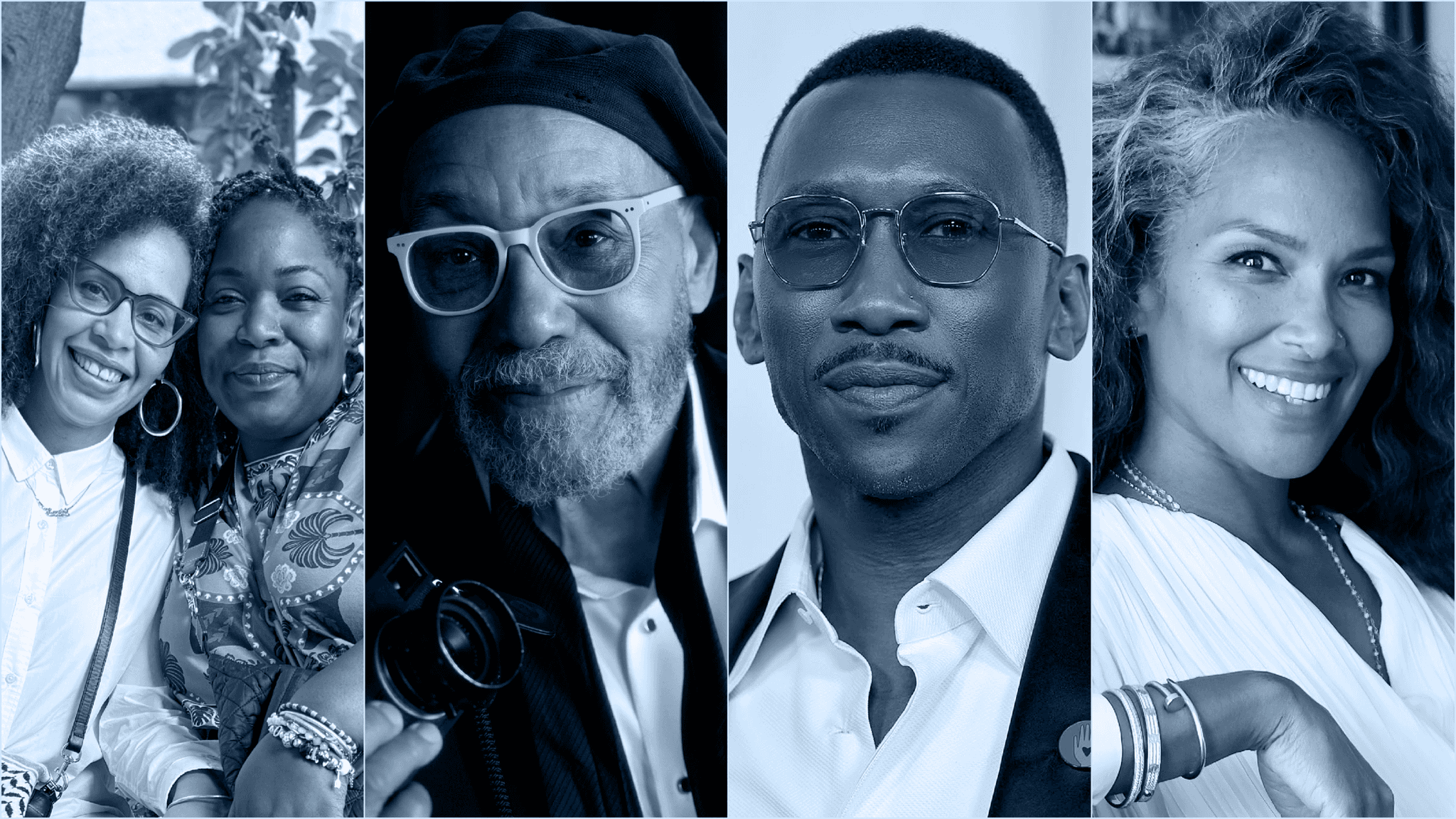 A college with the Luminary Gala honorees headshots. From left to right: Firelight Media President and CEO Loira Limbal and Senior Director of Finance and Operations Rafiah Vitalis; John W. Simmons; Mahershala Ali; and Mara Brock Akil. They are colorized in shades of blue.