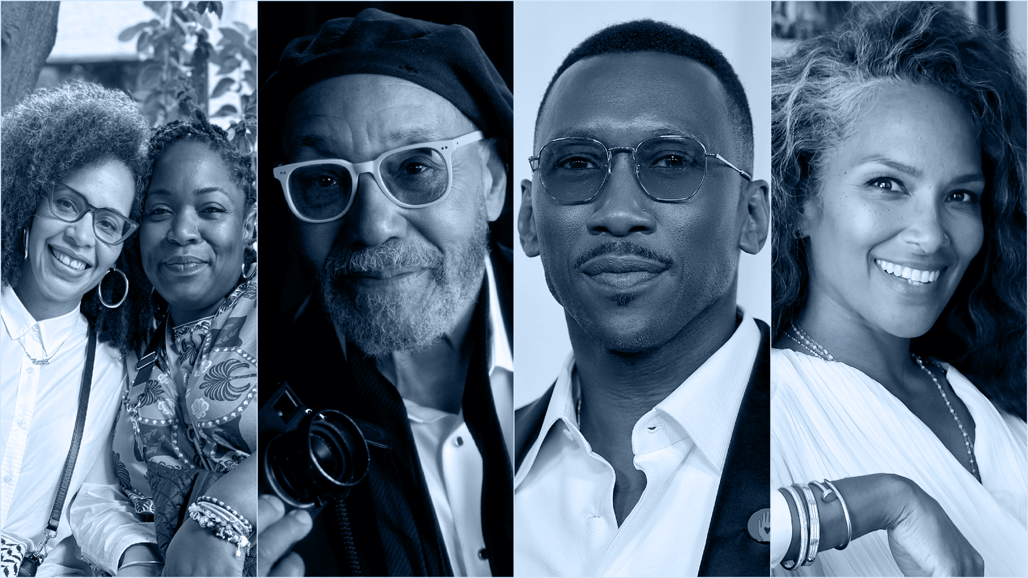 A college with the Luminary Gala honorees headshots. From left to right: Firelight Media President and CEO Loira Limbal and Senior Director of Finance and Operations Rafiah Vitalis; John W. Simmons; Mahershala Ali; and Mara Brock Akil. They are colorized in shades of blue.
