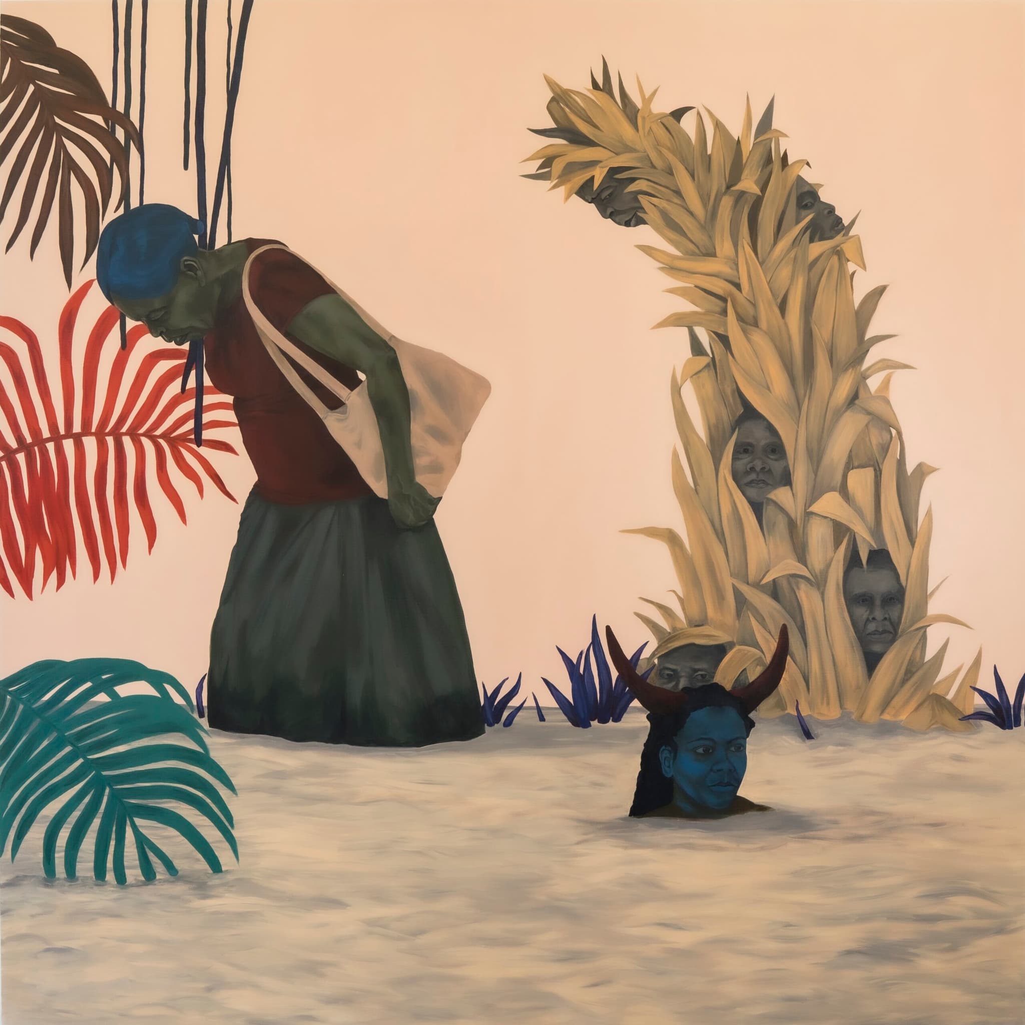 A painting by Tessa Mars features a figure with a bowed head, in a blue head covering, maroon top and dark skirt, stands in white-colored water.