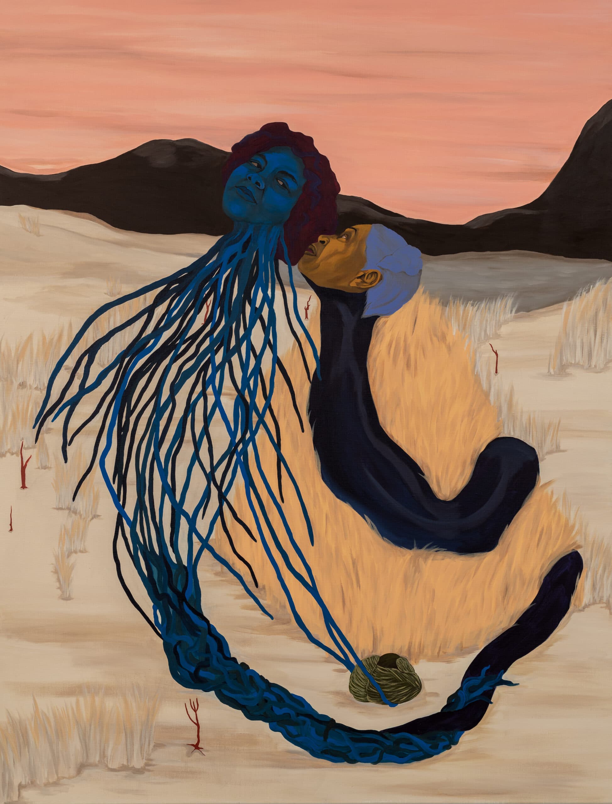 Painting by Tessa Mars: a woman with blue skin tilts her head back, her long blue and black braids gather into one thick plait. A second figure with a brown face and pale blue head covering rests their cheek against her neck with eyes closed.