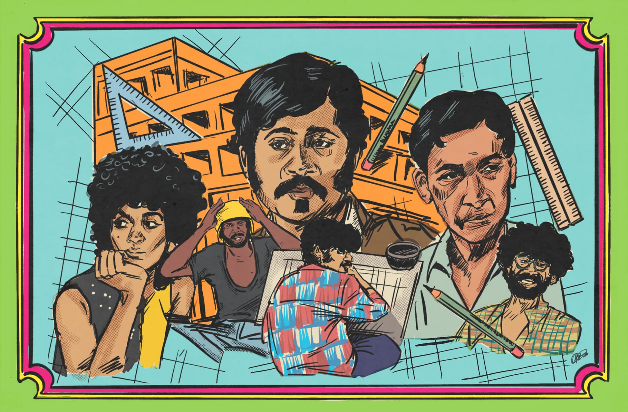 Illustration of a group of South Asian people: a middle-aged man with a moustache (center), an older man, a woman resting a hand on her chin, a man in a hard hat, a young man drawing on a board, a bearded man in a checked shirt.