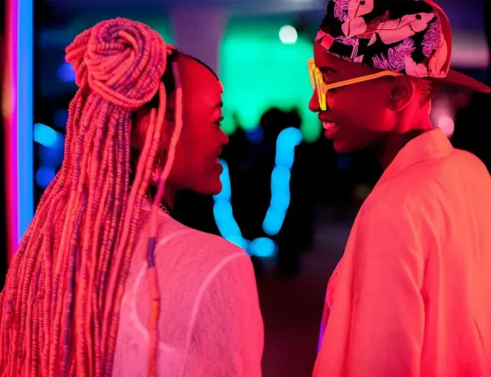 A still from Rafiki of two young people looking at one another and smiling. One has long pink locs and the other a shaved head and a hat. They are in was appears to be a club, they are glowing red in the light.